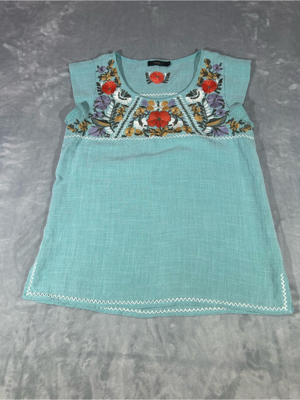 THML Teal BOHO Embroidered Short Sleeve Shirt-XS